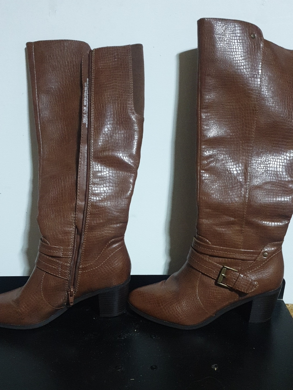 Modella Brown Textured Knee-High Buckle Heeled Boots
